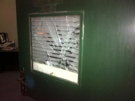 Vandalised window during the attack on Thursday... Photo: Yakubu Gana